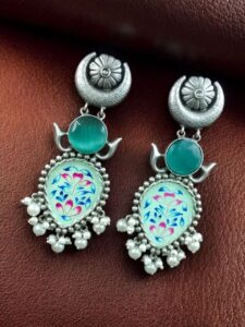Handmade Silver Plated Hand Painting Tanjor Art Earrings - Color: "Mint"