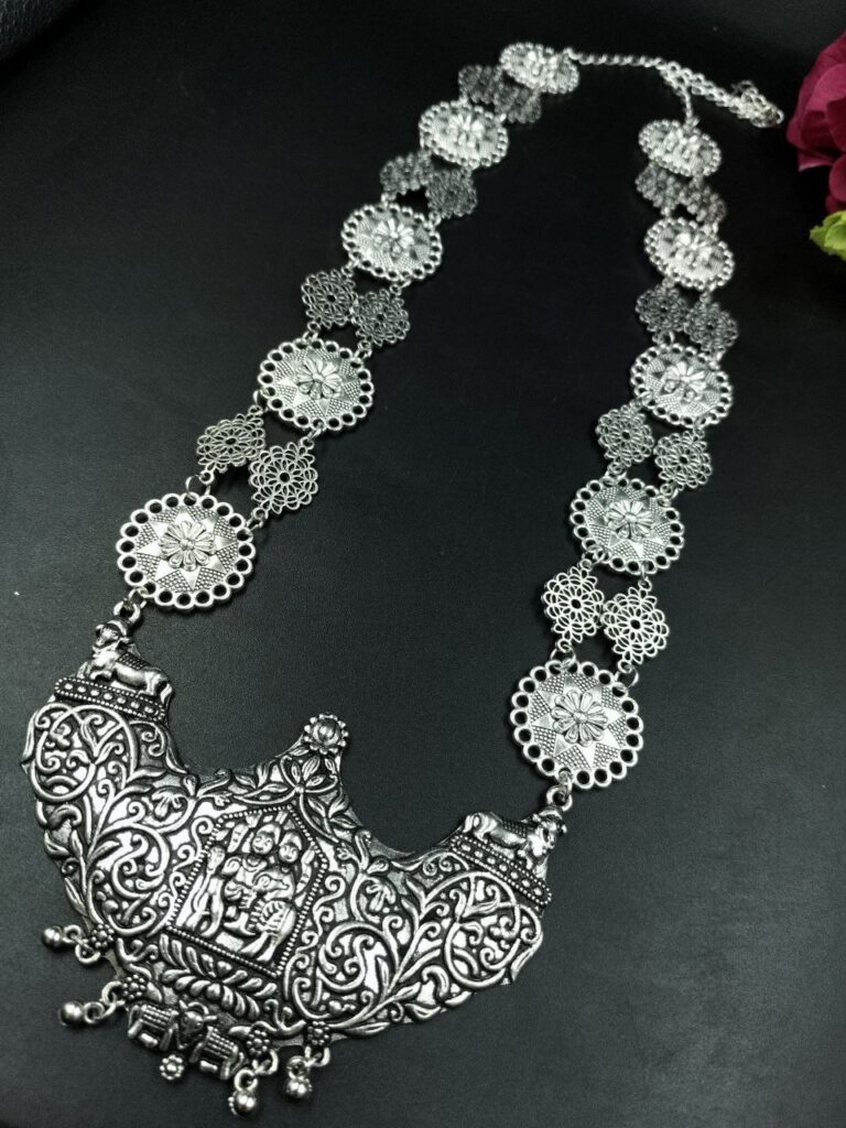 Religious Long Necklace in German Silver | Floral Art Ethnic Ghungroo Jewelry