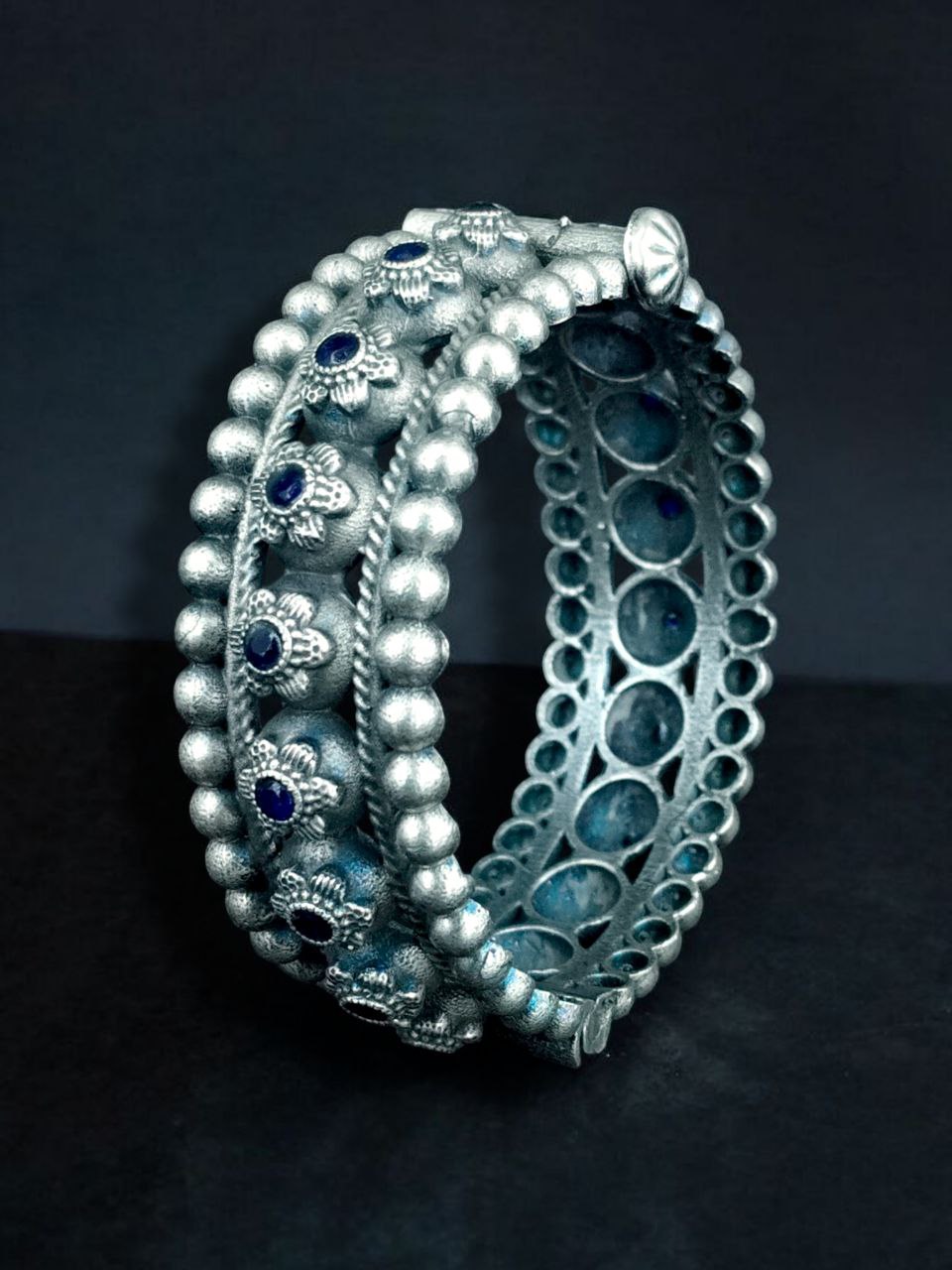 Traditional Oxidized Flower Design Bangle | Stone Work Ethnic Vintage Look Stylish Beautiful Jewelry 4 Oxidized Flower Design Stone Work Bangle in Vintage Ethnic Style