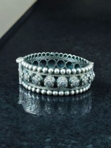 Traditional Oxidized Flower Design Bangle | Stone Work Ethnic Vintage Look Stylish Beautiful Jewelry - color: "Baby Pink"