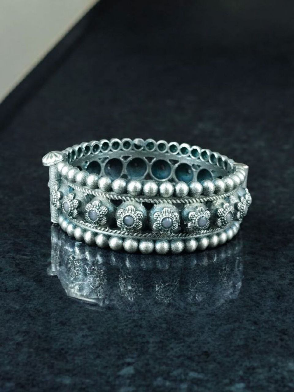 Traditional Oxidized Flower Design Bangle | Stone Work Ethnic Vintage Look Stylish Beautiful Jewelry 6 Oxidized Flower Design Stone Work Bangle in Vintage Ethnic Style