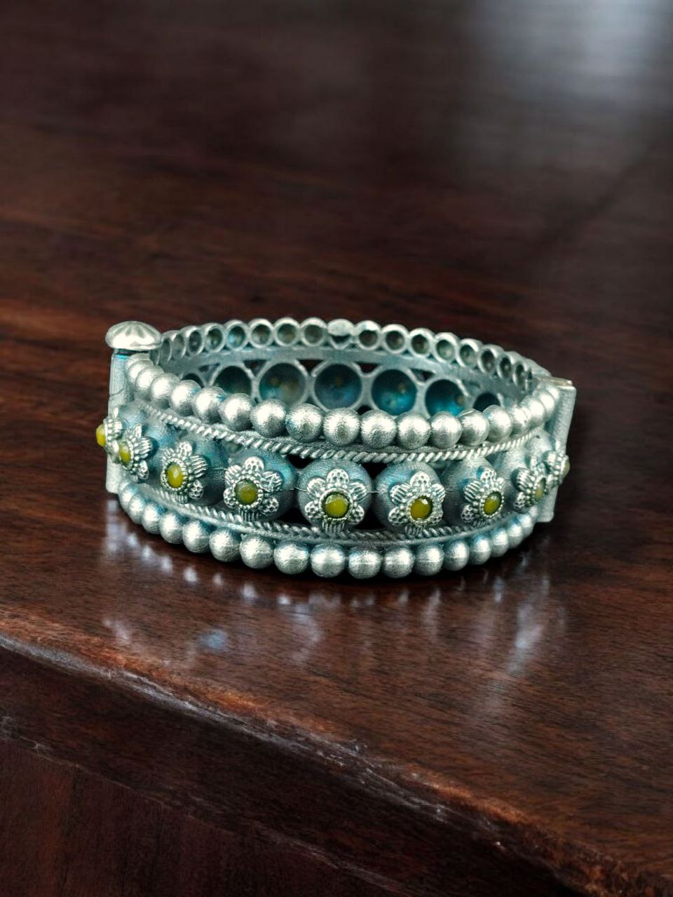 Traditional Oxidized Flower Design Bangle | Stone Work Ethnic Vintage Look Stylish Beautiful Jewelry 5 Oxidized Flower Design Stone Work Bangle in Vintage Ethnic Style