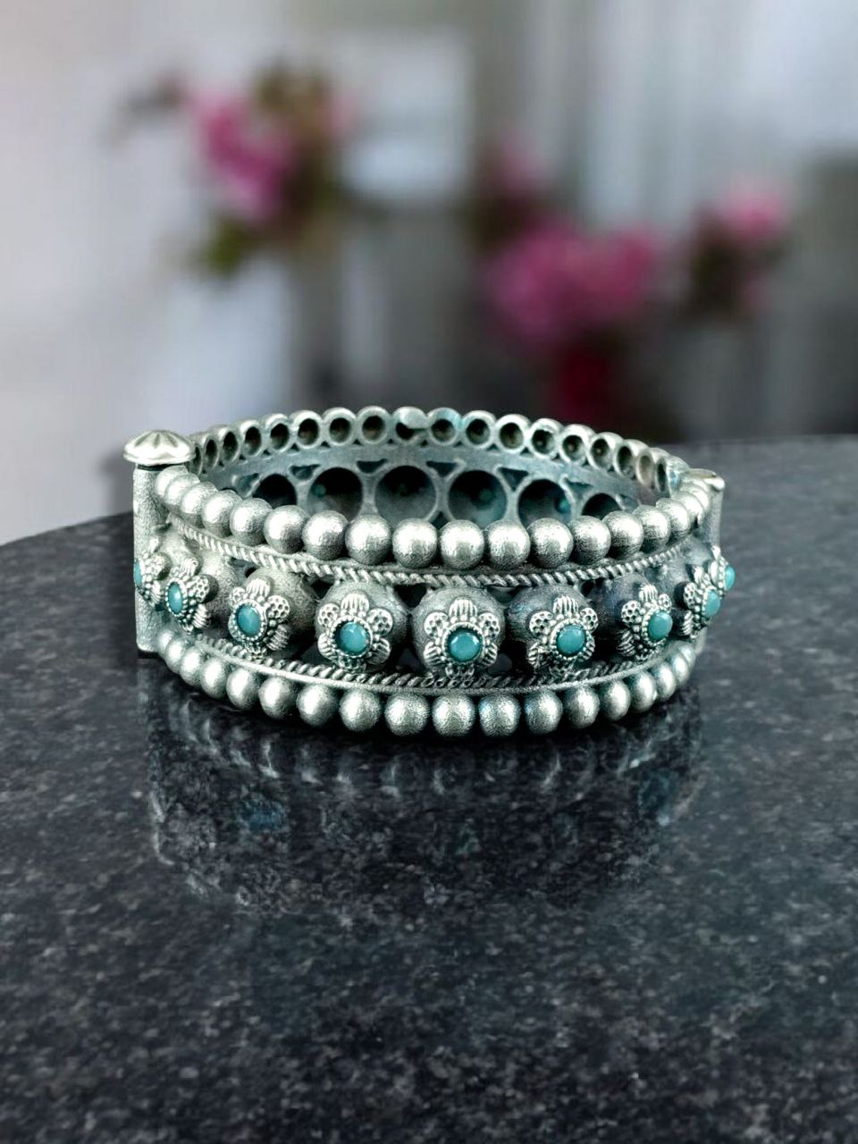 Traditional Oxidized Flower Design Bangle | Stone Work Ethnic Vintage Look Stylish Beautiful Jewelry 9 Oxidized Flower Design Stone Work Bangle in Vintage Ethnic Style