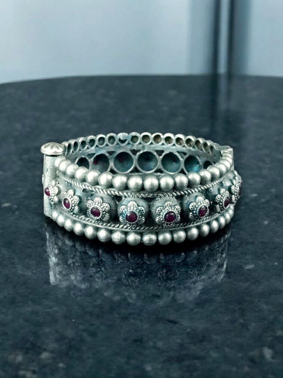 Traditional Oxidized Flower Design Bangle | Stone Work Ethnic Vintage Look Stylish Beautiful Jewelry 10 Oxidized Flower Design Stone Work Bangle in Vintage Ethnic Style