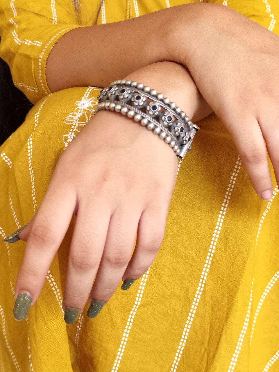 Traditional Oxidized Flower Design Bangle | Stone Work Ethnic Vintage Look Stylish Beautiful Jewelry 2 Oxidized Flower Design Stone Work Bangle in Vintage Ethnic Style