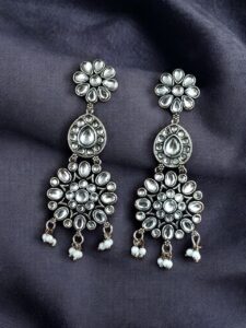 Traditional Long Flower Earrings in Silver Replica Finish – Best Ethnic Dangler Jewelry For Women - color: "White"