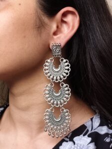 Unique German Silver 3 Layer Earrings | Stylish Ethnic Dangler Jewelry for Women