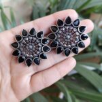 Bulk 302 German Silver Flower Design Earrings | Stone Work Elegant Traditional Jewelry For Women - "Black"