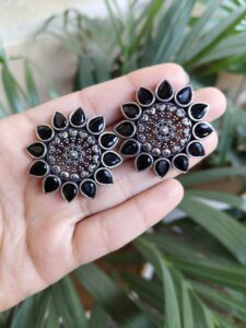 German Silver Flower Design Earrings | Stone Work Elegant Traditional Jewelry For Women - color: "Black"