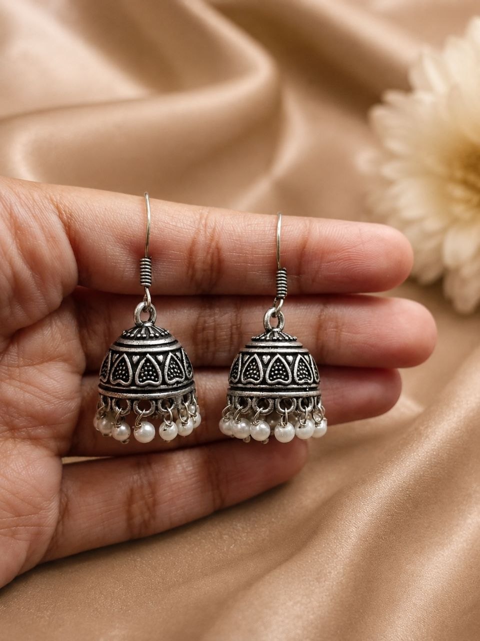 Traditional Pearl Work Heart Design Jhumki Earrings | Oxidized German Silver Perfect Jewelry For Girls 2 Traditional Heart Design Jhumki Earrings with Pearl Work in Oxidized German Silver