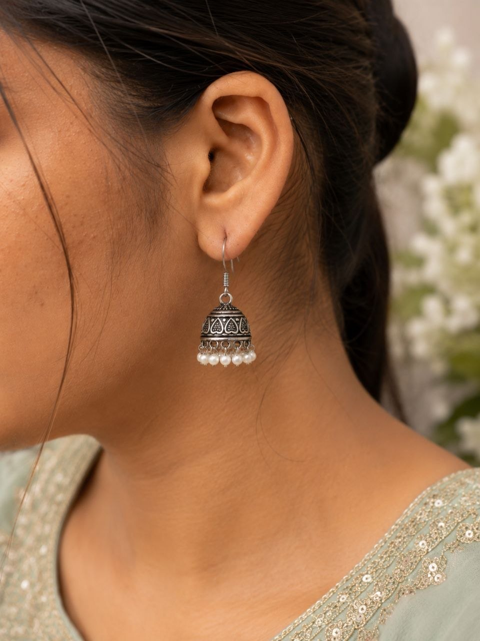 Traditional Pearl Work Heart Design Jhumki Earrings | Oxidized German Silver Perfect Jewelry For Girls 1 Traditional Heart Design Jhumki Earrings with Pearl Work in Oxidized German Silver