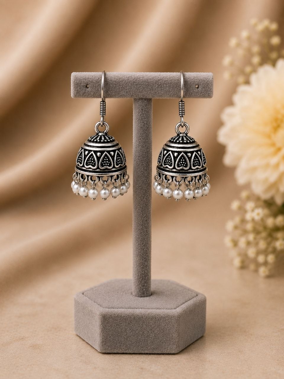 Traditional Pearl Work Heart Design Jhumki Earrings | Oxidized German Silver Perfect Jewelry For Girls 3 Traditional Heart Design Jhumki Earrings with Pearl Work in Oxidized German Silver