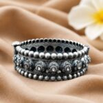 Traditional Oxidized Flower Design Bangle | Stone Work Ethnic Vintage Look Stylish Beautiful Jewelry - "White"