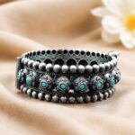 Traditional Oxidized Flower Design Bangle | Stone Work Ethnic Vintage Look Stylish Beautiful Jewelry - "Aqua"