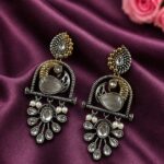 Traditional Ethnic Two-Tone Earrings | Pearl & Stone Antique Peacock Inspired Amazing Jewelry - "Grey"