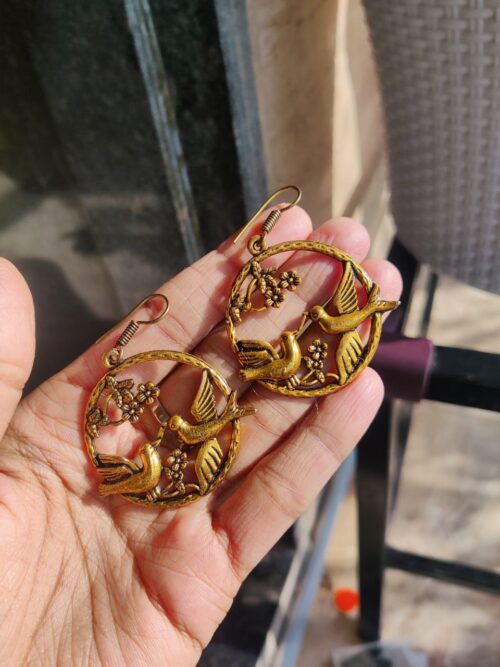 Antique Golden Bird Design Circle Earrings | Traditional Ethnic Jewelry for Women