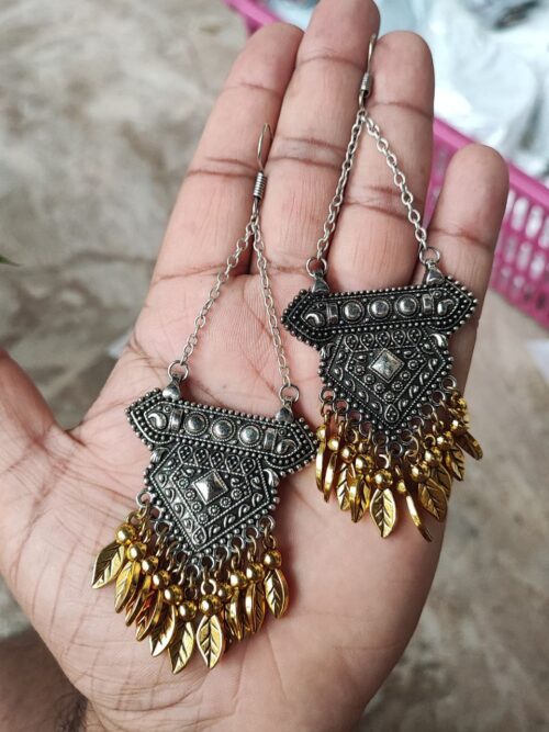 German Silver Gold Mix long Earrings with Chain | Designer Festive Wear Ethnic Jewelry - Image 2