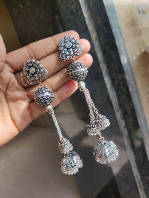 Oxidised Silver Plated Handpainted Long Earrings | Stylish Ethnic Jewelry for Women