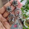 Unique Bird in Cage Earrings | Silver Replica Oxidized Jewelry for Women and Girls in Stylish Design