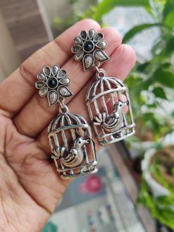 Unique Bird in Cage Earrings | Silver Replica Oxidized Jewelry for Women and Girls in Stylish Design