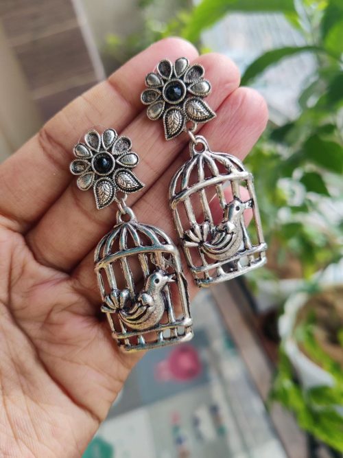 Unique Bird in Cage Earrings | Silver Replica Oxidized Jewelry for Women and Girls in Stylish Design
