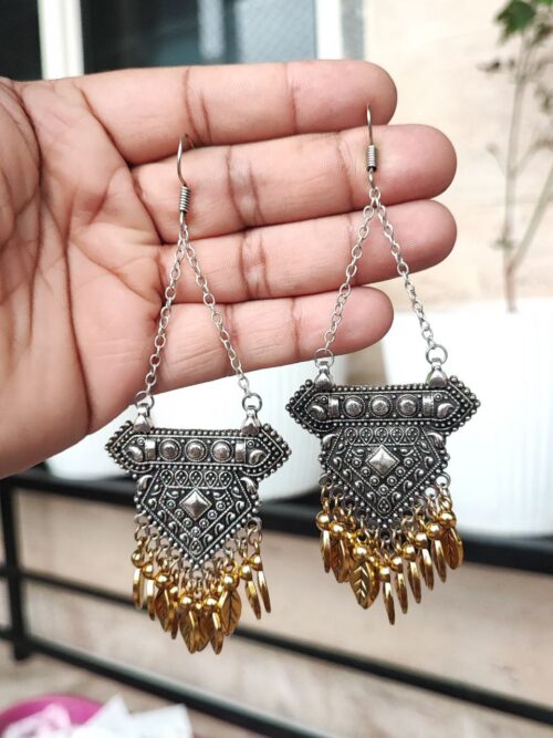German Silver Gold Mix long Earrings with Chain | Designer Festive Wear Ethnic Jewelry