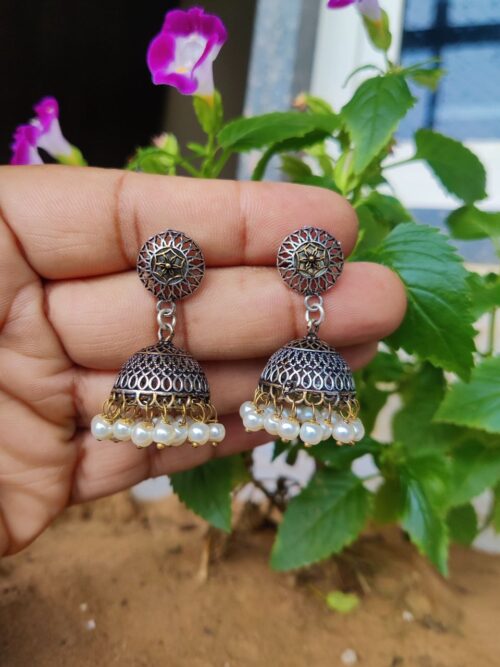 Stylish Oxidised Two-Tone Jhumka Earrings | Traditional Ethnic Jewelry for Women