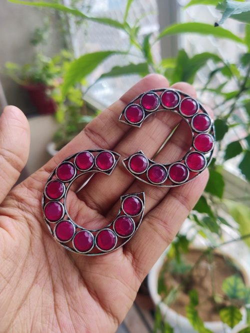 Elegant Stone Work Half Circle Earrings | Silver Replica Oxidized Jewelry for Women and Girls in Stylish Design - Image 2