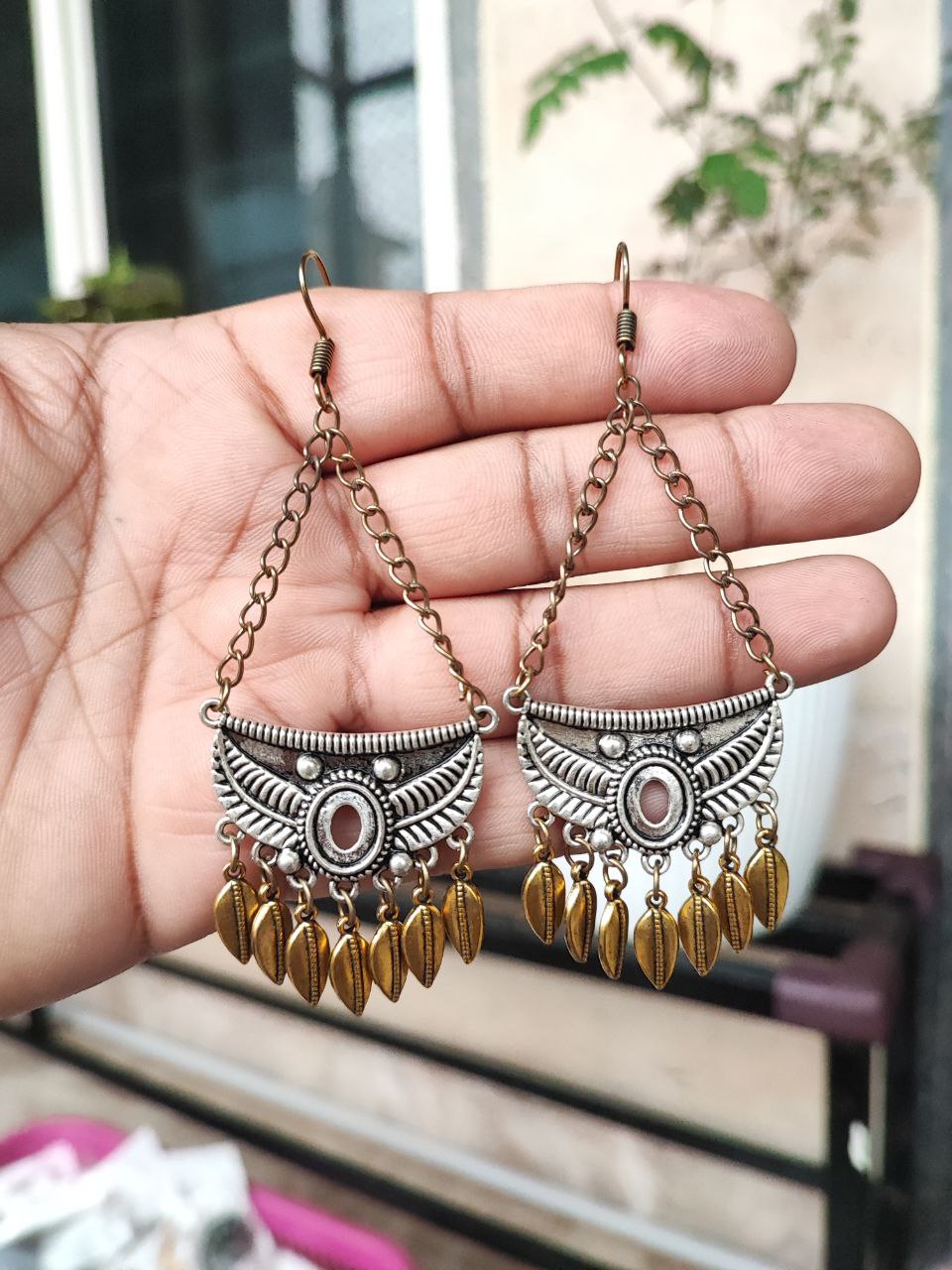 German Silver Gold Mix Chandbali Earrings with Chain | Traditional Ethnic Partywear Jewelry for Women 1 German Silver Gold Mix Chandbali Earrings with Chain | Traditional Ethnic Partywear Jewelry for Women