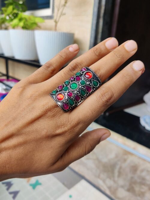 Elegant Oxidised Stone Work Adjustable Ring | Stylish Ethnic Jewelry for Women