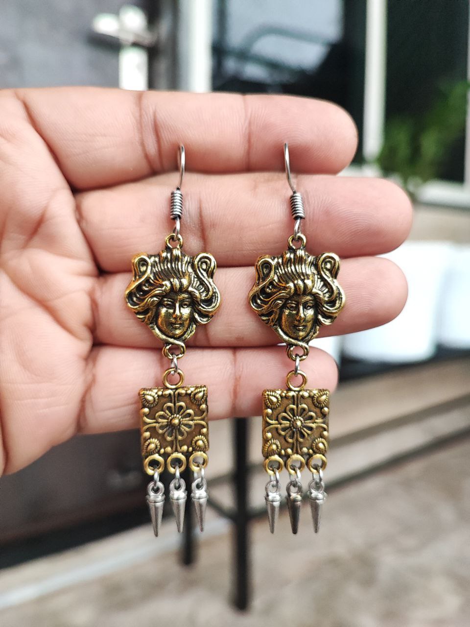 German Silver Golden Mix Face Earrings | Unique Contemporary Ethnic Jewelry for Women 2 German Silver Golden Mix Face Earrings | Unique Contemporary Ethnic Jewelry for Women - Image 2