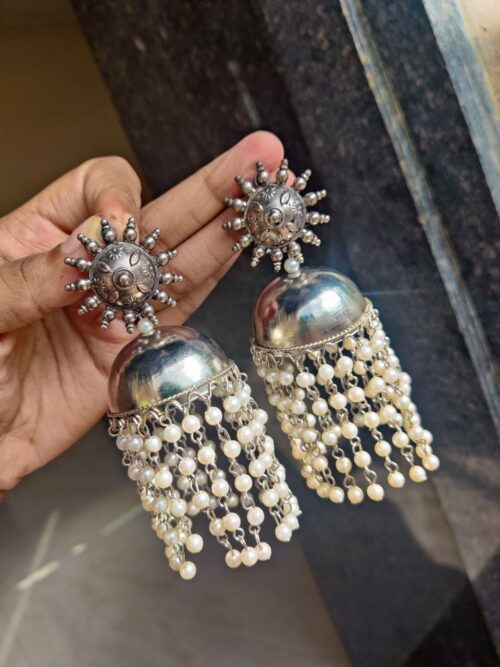 Oxidised Long German Silver Jhumka Earrings ? Elegant Ethnic Jewelry for Women