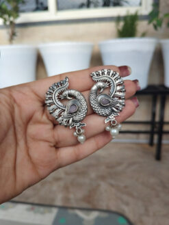Elegant Silver Replica Peacock Stud Earrings | Traditional Ethnic Jewelry for Women