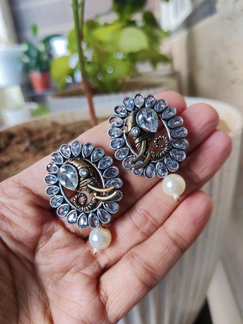 Elegant Two Tone Ganesh Earrings | Silver Replica Oxidized Jewelry for Women and Girls in Traditional Festive Wear