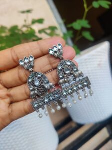 Silver Replica Nandi Style Earrings | Traditional Oxidised Dangler Jewelry for Women and Girls
