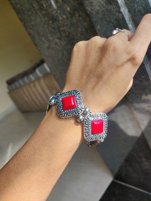Oxidised Adjustable Bracelet with Red Stone ? Stylish Ethnic Jewelry for Women