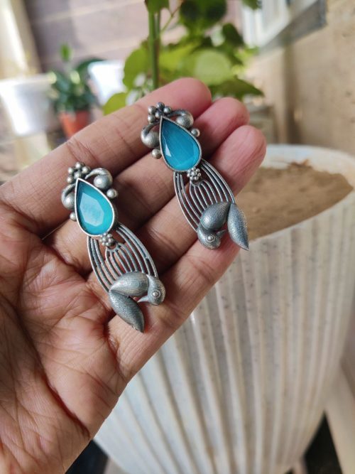 Unique Bird Monalisa Earrings | Silver Replica Oxidized Stone Jewelry for Women and Girls in Stylish Design