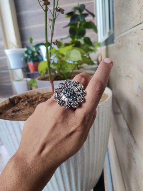 Beautiful Floral Art Ring | Silver Replica Adjustable Oxidized Finger Ring Jewelry for Women and Girls Stylish Wear