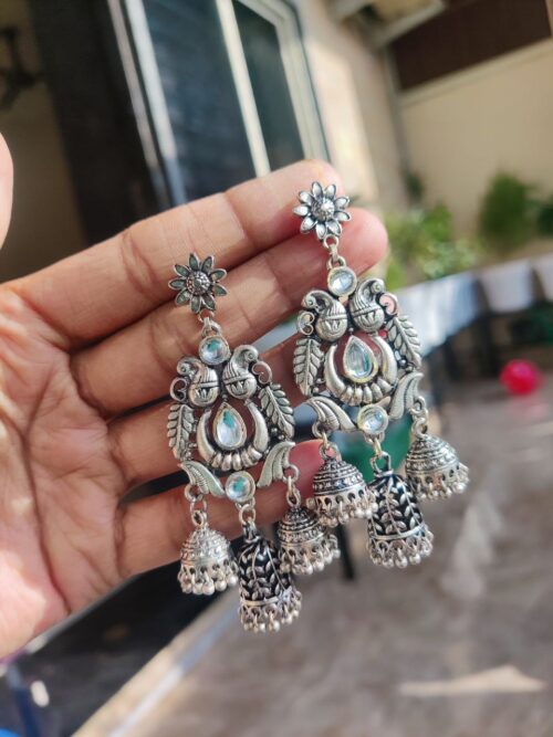 German Silver Peacock Design Jhumki Earrings ? Traditional Ethnic Jewelry for Women