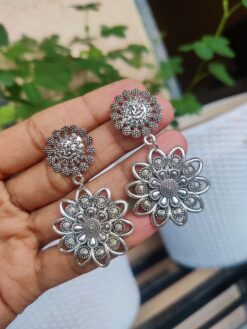 German Silver Oxidised Flower Earrings | Traditional Ethnic Dangler Jewelry for Women and Girls