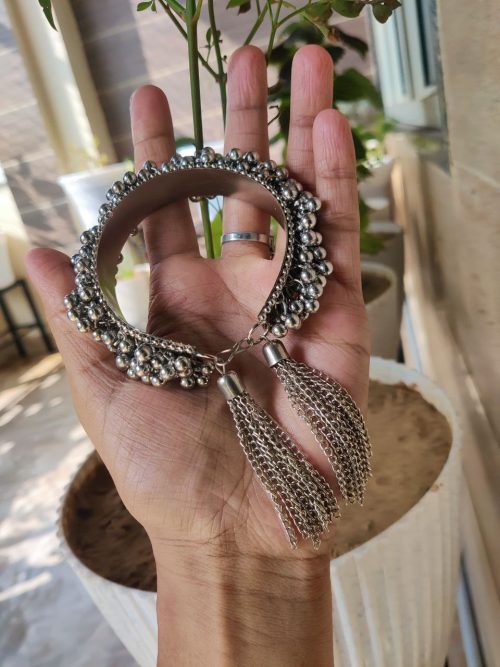 Traditional Oxidised Ghunghroo Style Bracelet | Silver Replica Adjustable Hand Jewelry for Women and Girls in Ethnic Wear