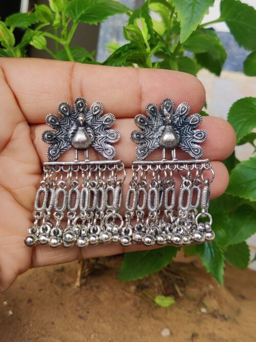 Elegant German Silver Peacock Stud Earrings | Traditional Ethnic Jewelry for Women
