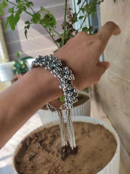 Traditional Oxidised Ghunghroo Style Bracelet | Silver Replica Adjustable Hand Jewelry for Women and Girls in Ethnic Wear - Image 2