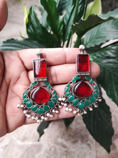Elegant Monalisa Stone Work Dangler Earrings | Designer Oxidised Jewelry for Festive Wear - Image 2