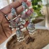 Beautiful Long Floral Art Jhumka Earrings | Silver Replica Oxidized Jewelry for Women and Girls in Traditional Style
