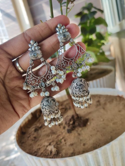Beautiful Long Floral Art Jhumka Earrings | Silver Replica Oxidized Jewelry for Women and Girls in Traditional Style