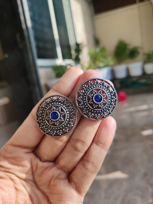 Oxidised Silver Plated Round Stud Earrings ? Stylish Ethnic Jewelry for Women
