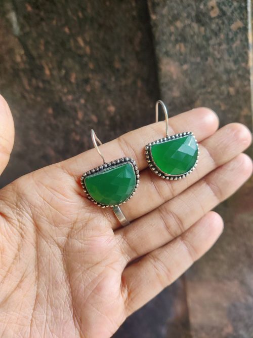 Elegant D Shape Monalisa Stone Earrings | Silver Replica Oxidized Jewelry for Women and Girls in Stylish Design