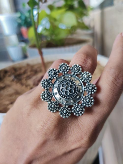 Beautiful Floral Art Ring | Silver Replica Adjustable Oxidized Finger Ring Jewelry for Women and Girls Stylish Wear - Image 2