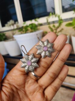 Elegant Oxidised Silver Replica Flower Stud Earrings | Stylish Ethnic Jewelry for Women